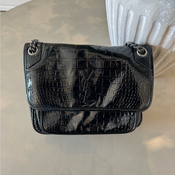 Yves Saint Laurent Handbags - Yves Saint Laurent YSL Niki Chain Flap Bag Crocodile Embossed Patent in black